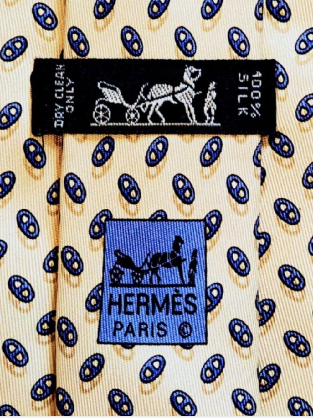 Hermes Geometric Chaine D'Ancre Yellow Men's Silk Tie 7957 EA 3.5" X 61.75"
